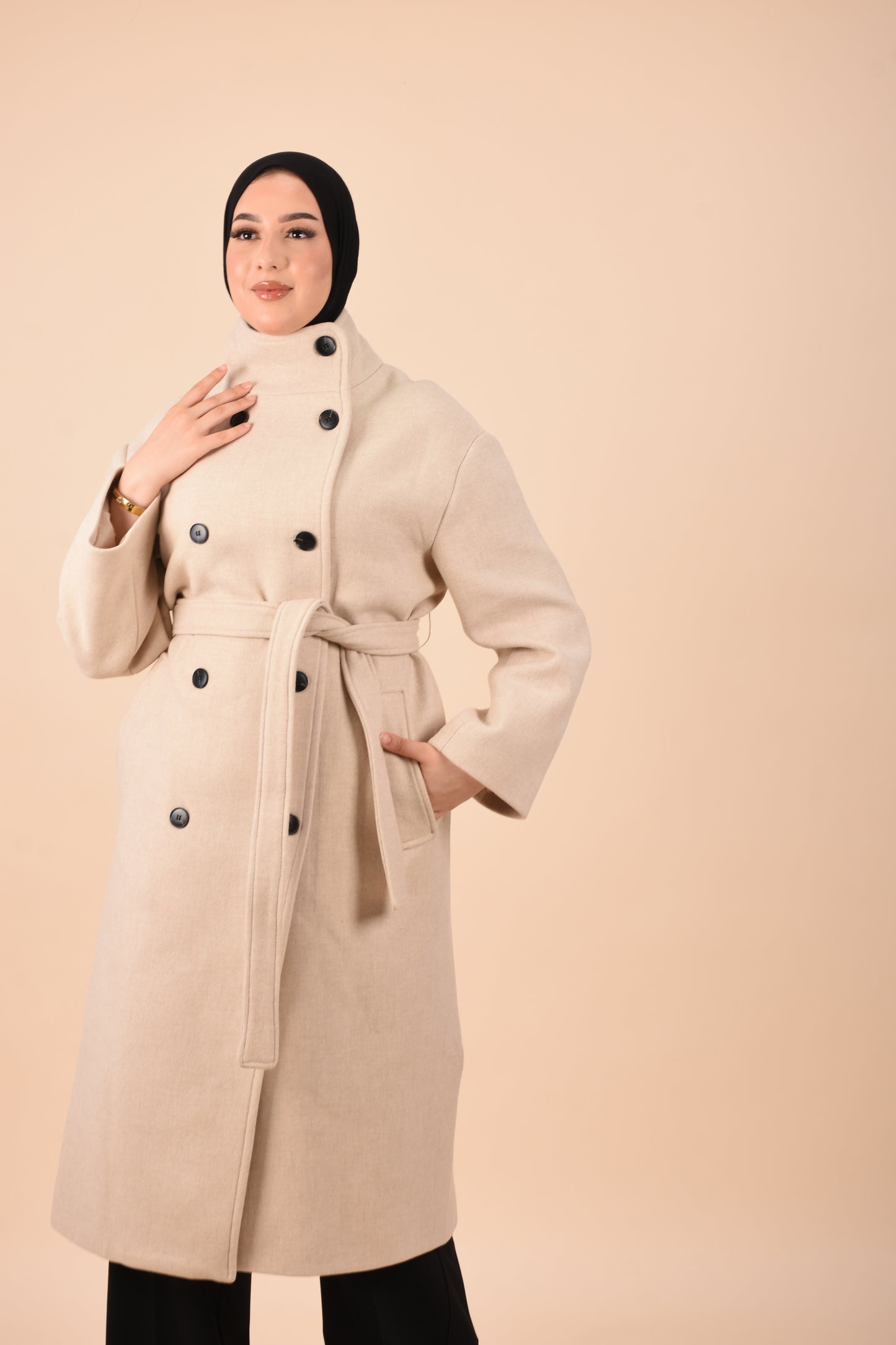 High-Collar Belted Coat